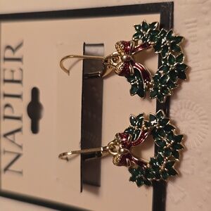 NAPIER WOMEN'S GOLDTONE RED & GREEN CHRISTMAS HOLIDAY WREATHS PIERCED EARRINGS